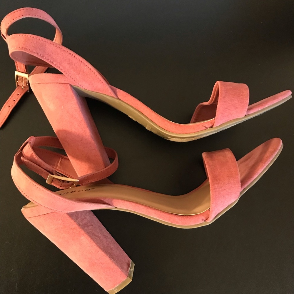 Pastel pink strappy heels, chunk heel, size 9